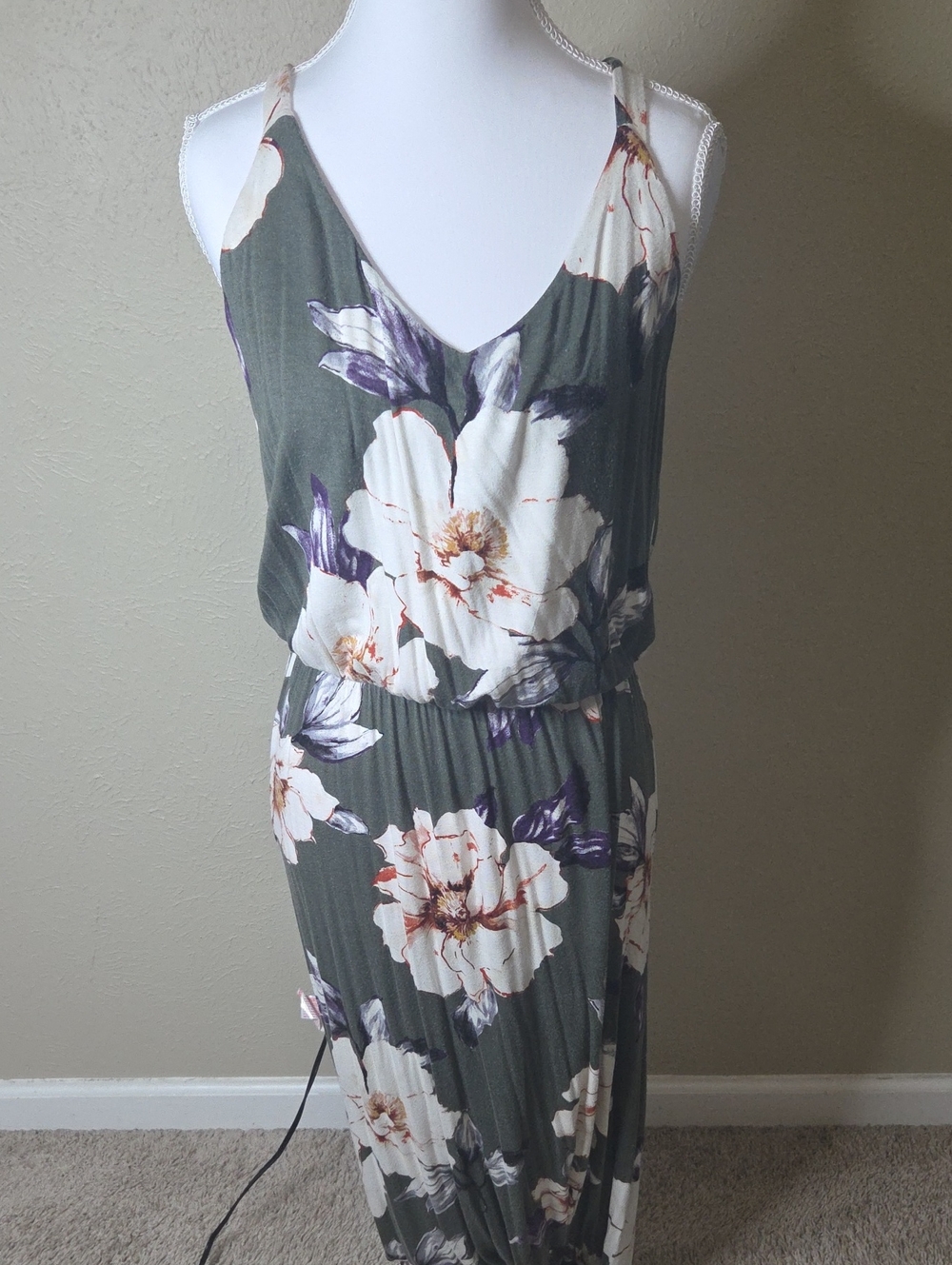 nine britton Olive Green Floral Maxi Dress with White & Purple Blooms